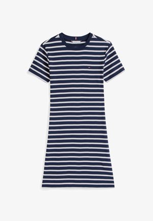 Gestreiftes Kurzarmkleid in Marineblau und Weiß mit Rundhalsausschnitt. Hergestellt aus einem weichen Stoff, mit einem kleinen Logo auf der Brust.