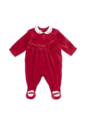 Barboteuse bébé en velours rouge à manches longues, col Peter Pan blanc brodé de texte et couvre-pieds avec détails boutons.