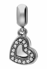 Silver heart charm featuring a polished center and surrounded by clear sparkling stones. Includes a loop for attachment.