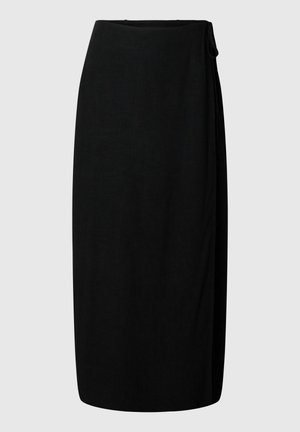 Sort midi omslagsnederdel med sideremlukning, lige silhuet og glat stoftekstur på lys baggrund.