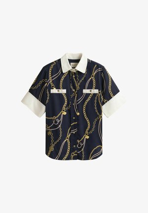 Navy short-sleeve shirt with white collar and cuffs, gold chain and rope print, and two front buttoned pockets.