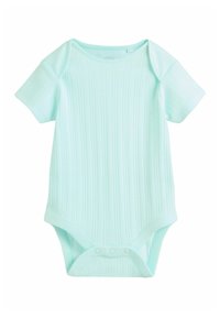 Gaiši piparmētru zaļš bērnu bodijs ar īsām piedurknēm, ribota tekstūra, apaļa kakla izgriezums un aizdares ar spiedpogām apakšdaļā ērtākai ģērbšanai.