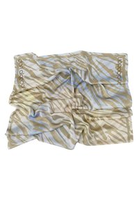 Bufanda de color beige y azul claro con patrón, fabricada en tejido ligero. Presenta rayas abstractas de cebra y acentos circulares a lo largo de un borde.