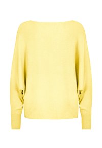 Gelber Strickpullover mit lockerer Passform, weitem Ausschnitt und langen Ärmeln. Der Stoff hat eine glatte Textur und gerippte Bündchen.