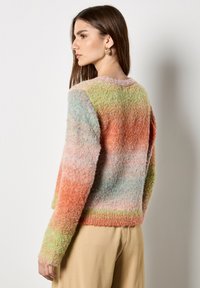 Flauschiger Strickpullover mit einem mehrfarbigen Farbverlaufsmuster in Pastellfarben. Rundhalsausschnitt und lange Ärmel mit gerippten Bündchen.