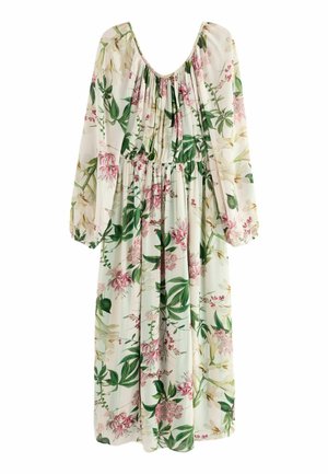 Blumiges Maxikleid mit langen, gepufften Ärmeln. Es hat ein plissiertes Oberteil in Creme, verziert mit grünen Blättern und pinken Blumen, aus weichem Stoff.