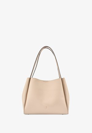 Beżowa torba na ramię ze skóry, z długimi podwójnymi uchwytami, ziarnistą fakturą oraz subtelnym logo w dolnej części na środku.