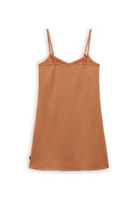 Robe sans manches en orange rouille, texture côtelée, avec des bretelles réglables et une coupe droite, dotée d'une petite étiquette logo sur le côté.