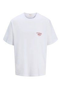 White cotton t-shirt featuring short sleeves, a round neck, and a small red printed logo on the left chest.