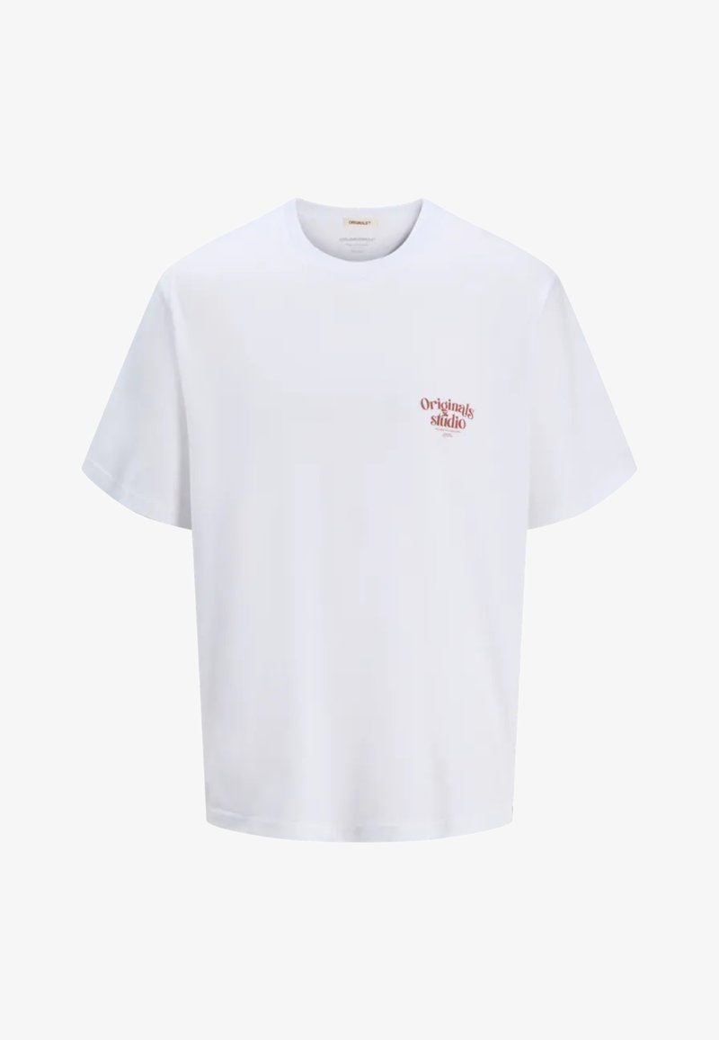 White cotton t-shirt featuring short sleeves, a round neck, and a small red printed logo on the left chest.