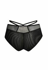 Czarne siatkowe majtki typu high-waisted z półprzezroczym przodem i skrzyżowanymi ramiączkami z tyłu. Oferują geometryczne wzory oraz elastyczny pas.