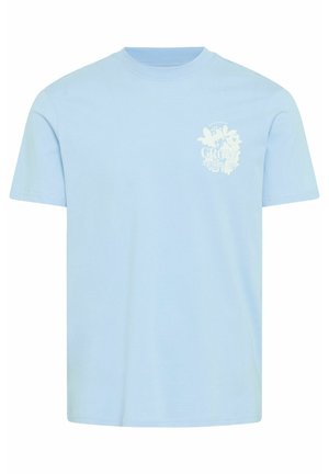 Heledsinine puuvillane T-särk lühikeste varrukatega. Esiküljel on lillelised graafikad ja valge tekst "GROW AS YOU GO".