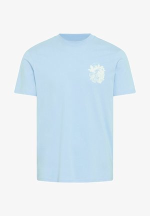 Heledsinine puuvillane T-särk lühikeste varrukatega. Esiküljel on lillelised graafikad ja valge tekst "GROW AS YOU GO".