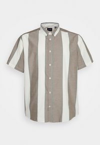 Camicia a maniche corte con righe verticali marroni e bianche, dotata di colletto a polo, chiusura con bottoni e cuciture a contrasto di colore blu chiaro.
