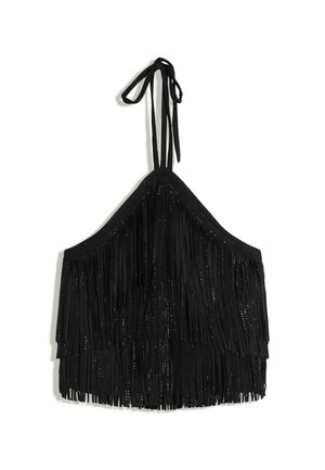 Bershka, RHINESTONE FRINGE HALTER TOP - Haut - black