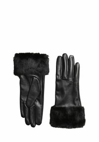 Black leather gloves with a soft black faux fur cuff, featuring a smooth texture and fitted design, suitable for cold weather.