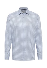 Camicia a maniche lunghe in tessuto blu chiaro, caratterizzata da un motivo geometrico di cerchi. Chiusura con bottoni e colletto classico.