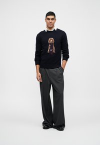 Sweater de malha azul-marinho com ilustração de um cão e uma camisa de colarinho azul-claro. Calças cinzentas de corte solto e sapatos pretos completam o conjunto.