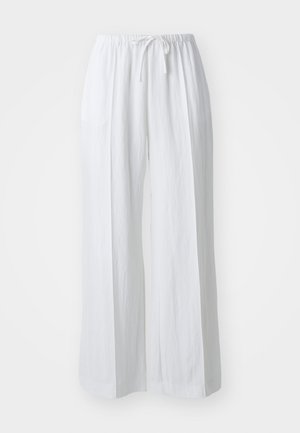 White, wide-leg pants with a drawstring waistband. Made of lightweight fabric, featuring a smooth texture and minimal design.