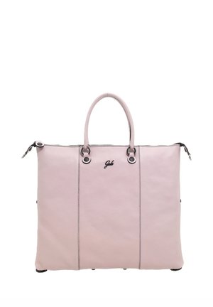 Grande borsa tote in pelle rosa chiaro con due manici, cuciture nere e piccolo logo nero al centro sotto i manici.