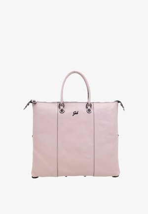 Grande borsa tote in pelle rosa chiaro con due manici, cuciture nere e piccolo logo nero al centro sotto i manici.