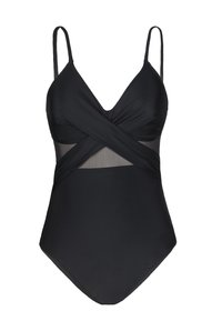 Costume da bagno intero nero con design incrociato e dettagli in rete trasparente. Presenta spalline sottili e regolabili e scollatura a V. Texture liscia.