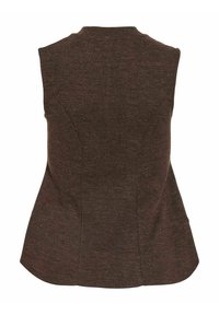 Gilet marron foncé cintré sans manches avec des coutures discrètes et un ourlet légèrement évasé, présenté de dos sur fond blanc.