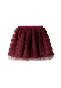 Burgundy tüllihame, jossa on ruusukoristeet, varustettuna teksturoidulla elastisella vyötäröllä ja kerroksellisella röyhelömuotoilulla, puoliksi läpikuultava alushame.