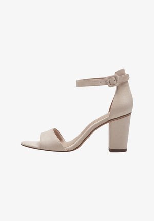 Sandalo beige in suede con tacco alto, apertura davanti e cinturino alla caviglia. Caratterizzato da un tacco a blocco e una superficie liscia e strutturata.