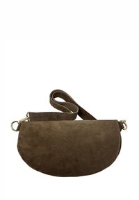 Borsa a tracolla in suede marrone dalla forma curva, con tracolla corta e dettagli in oro. Texture liscia, design minimalista, senza motivi visibili.