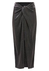 Musta, hohtava puolipitkä hame, jossa vyötäröllä kierreknyytti ja sivuhalkio, valmistettu pehmeästä, teksturoidusta kankaasta.