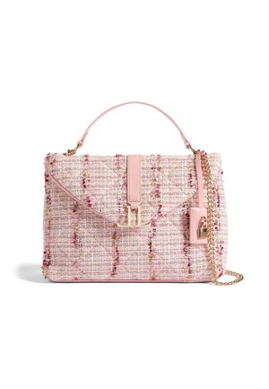 Tweed-Handtasche in Pink mit goldenen Beschlägen, mit Klappenverschluss und Kettenriemen. Strukturiert Oberfläche mit mehrfarbigen Akzenten.