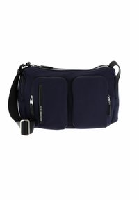 Navyblaue Umhängetasche mit zwei Fronttaschen, Reißverschluss und verstellbarem Tragegurt. Hergestellt aus strukturiertem Stoff mit eleganten Hardware-Akzenten.