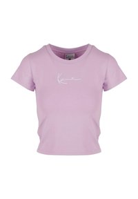 T-shirt corta rosa in cotone con scollo rotondo e maniche corte, con un logo bianco in corsivo sul davanti.