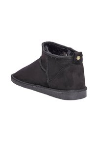 Botas de tobillo de ante negro con un suave forro de piel de furry, punta afilada, suela texturizada y un detalle decorativo de botón en la parte trasera.