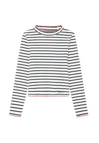 Top de manga larga a rayas en azul marino y blanco con textura acanalada. Cuenta con un ligero cuello alto y un dobladillo sin coser con costuras de acento rojas.