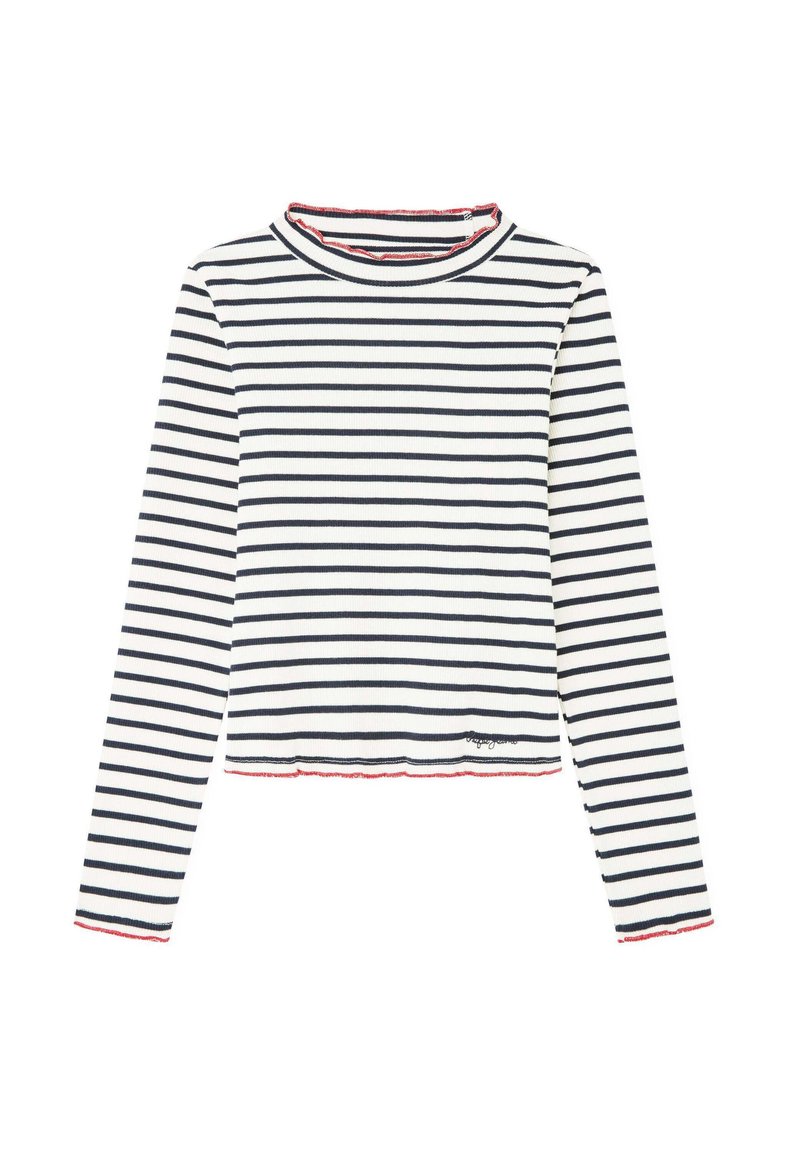 Top de manga larga a rayas en azul marino y blanco con textura acanalada. Cuenta con un ligero cuello alto y un dobladillo sin coser con costuras de acento rojas.