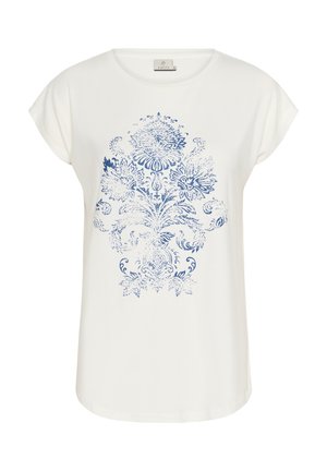 Vit t-shirt med kort ärm med en blå blommig design. Tyget verkar mjukt med en avslappnad passform och rund halsringning.