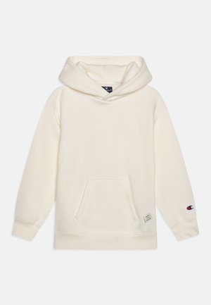 Kremna kapuca sweatshirt iz mehkega materiala, ki ima sprednji žep in rebraste manšete, z majhnim logotipom na rokavu.