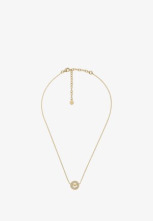 Goldene Halskette mit einem runden Anhänger, der mit kleinen, funkelnden Steinen verziert ist, und einer zarten Kette, die mit einem verstellbaren Verschluss gesichert ist.
