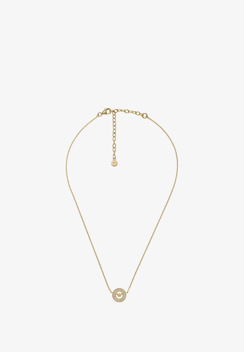Guldkæde med en cirkulær vedhæng udsmykket med små glitrende sten og en delikat kæde, sikret med en justerbar lås.