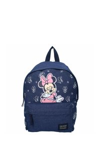 Mørkeblå rygsæk med et stort Minnie Mouse-print på forsiden, med hvide skitser af hende og blomsterdesigns, samt en forbagslomme.