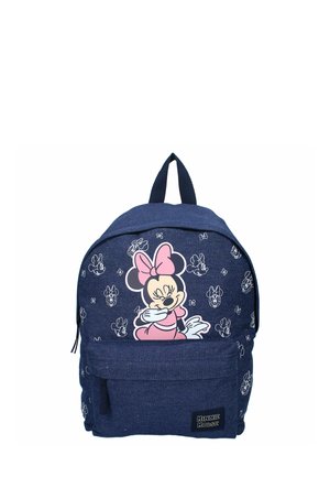 Zaino blu navy con una grande stampa di Minnie Mouse sul fronte, con schizzi bianchi di lei e motivi floreali, e una tasca frontale.