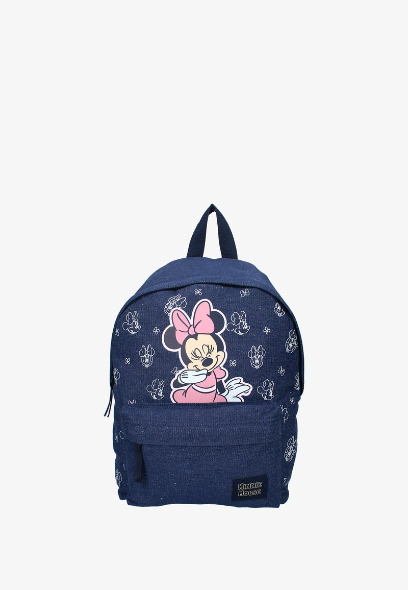 Marineblauwe rugzak met een grote afdruk van Minnie Mouse op de voorkant, met witte schetsen van haar en bloempatronen, en een voorvak.