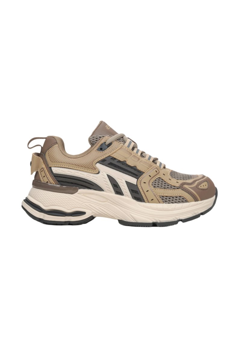 Beige Sport-Sneaker mit Mesh-Einsätzen, grauen und braunen Akzenten, strukturiertem Sohlenprofil und auffälliger Dämpfung für Unterstützung. Schnürverschluss.