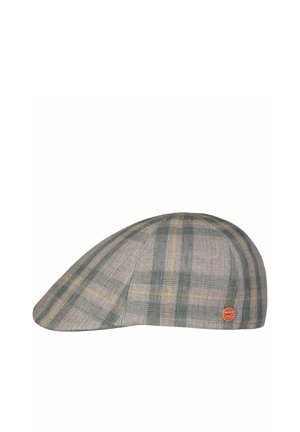 Graue Schiebermütze mit grün-gelbem Karomuster, mit einem kleinen runden orangefarbenen Logo-Patch an der Seite.
