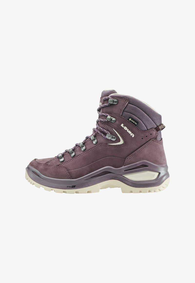 Bota de senderismo alta morada con suela reforzada, ojales de metal, soporte acolchado para el tobillo y etiqueta Gore-Tex en el lateral.