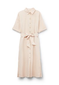 Helle beigefarbene, knöpfbare Kleid mit Kragen, kurzen Ärmeln und einem taillierten Gürtel. Verfügt über Seitenschlitze und einen strukturierten Stoff.