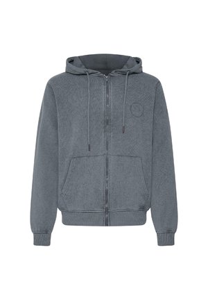 Šedá mikina na zips s textúrovanou tkaninou, predné vrecká, kapucňa so šnúrkami a rebrované manžety a lem. Obsahuje minimalistický detail loga.