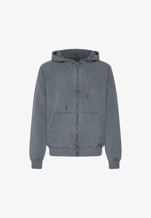 Szara bluza z kapturem na suwak z teksturowanej tkaniny, z przednimi kieszeniami, sznurkiem regulującym kaptur oraz ściągaczami na mankietach i u dołu. Z minimalistycznym logo.